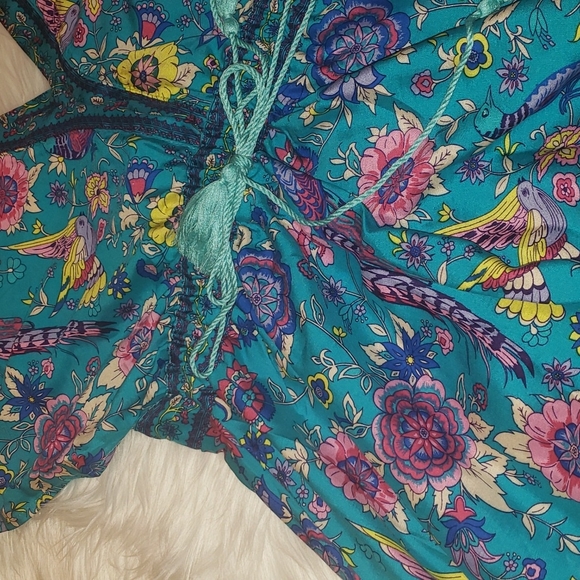 5โญ Artemis Lovebirds Teal Blue Floral & Bird Print Boho Maxi Dress - Picture 6 of 7
